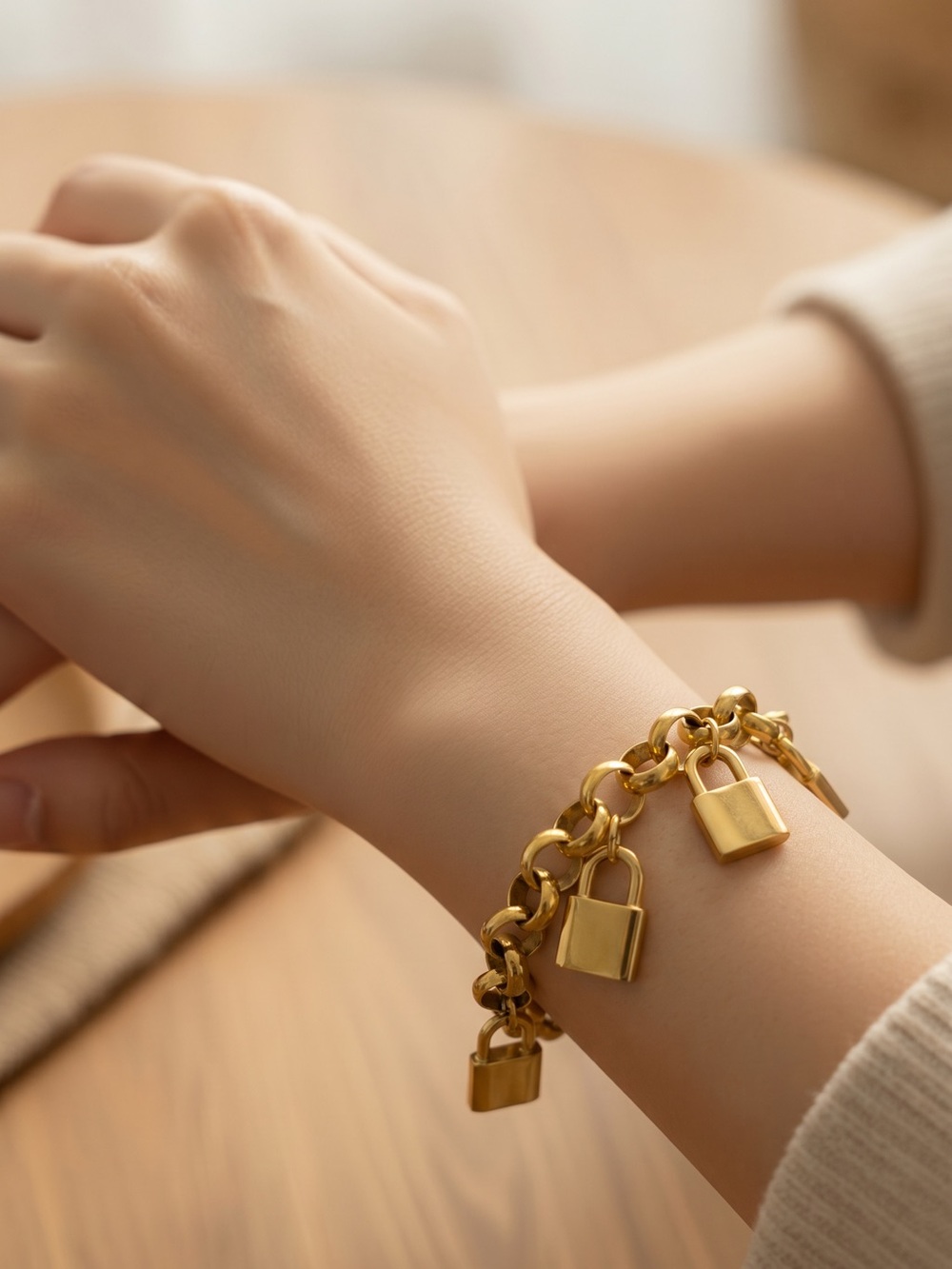 Tulamari 7 1/4 Stainless steel Gold Padlock Charm Chain Bracelet - Women Jewelry